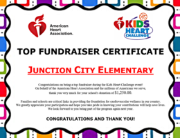 JCES raises $1,250 for the AHA through Kids Heart Challenge!